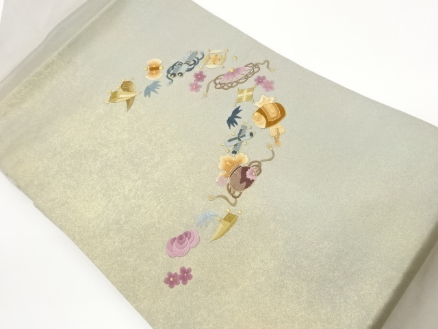 JAPANESE KIMONO / NAGOYA OBI / SILK / EMBROIDERY / TREASURES & FLOWERS & LEAVES